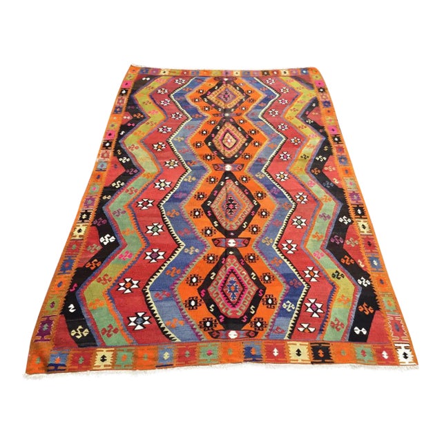Blue and Orange Vintage Turkish Kilim Rug - 64.5" X 110" For Sale