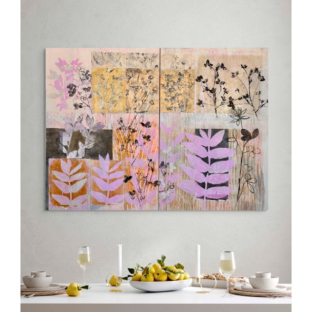 My prints that I make of local plants are arranged in and abstract garden. Many layers and colors make this a distinct and...