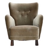 Danish Armchair in Green Velour with Oak Legs For Sale