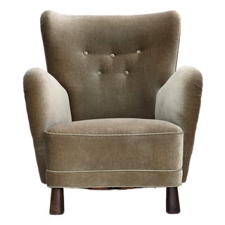 Danish Armchair in Green Velour with Oak Legs For Sale
