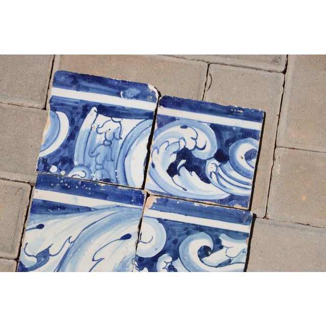 Baroque Antique 18th Century Portuguese Blue & White Baroque Tiles With Flowing Acanthus Scrollwork, Set of 6 For Sale - Image 3 of 7