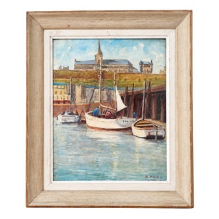 Andre Drieu, Normandy Harbour, 1950s, Oil Painting on Canvas, Framed For Sale