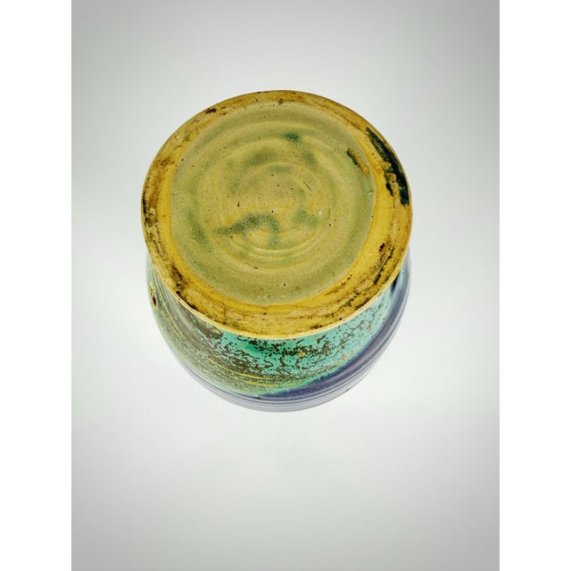 1980s Vintage Studio Pottery Vase - Turquoise & Cobalt Glazed Stoneware - MCM Style For Sale - Image 5 of 8
