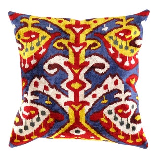 Contemporary Turkish Multi Colors Velvet Silk Ikat Pillow For Sale