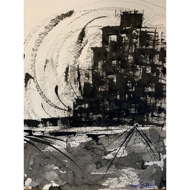 1980s "Cityscape in Black and White" Leon Collard Painting For Sale