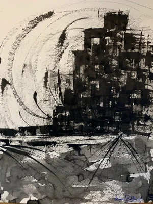 1980s "Cityscape in Black and White" Leon Collard Painting