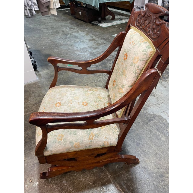 Late 19th Century Mahogany Art Nouveau Rocking Chair With Floral Upholstery For Sale - Image 4 of 5