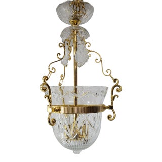 1990s Vintage Brass & Crystal Bell-Jar Chandelier Pendant Foyer Light For Sale