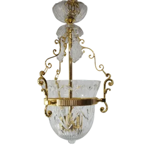 Vintage 1990s Neoclassical Brass & Crystal Bell-Jar Pendant Chandelier