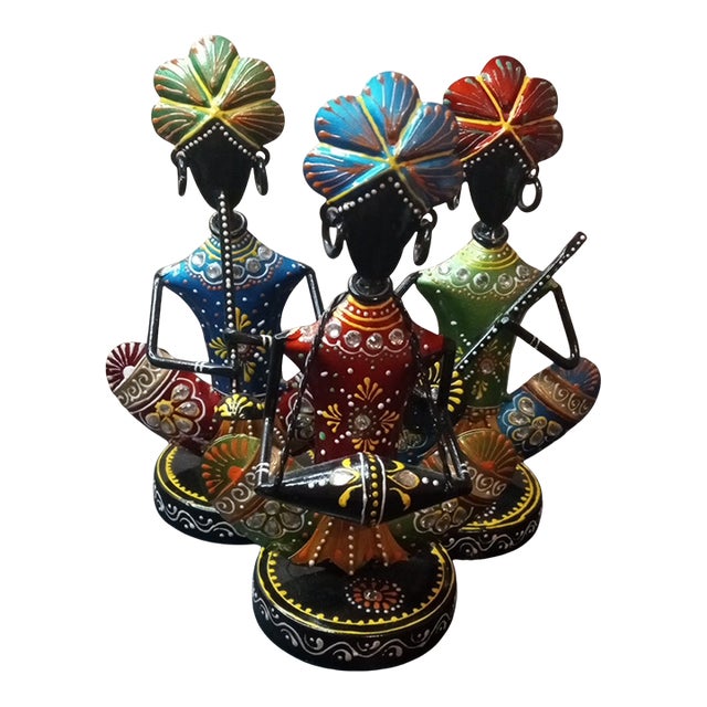 1980s Gorgeous Trio of Handcrafted Hammered Metal Rajasthani Musician Figurines For Sale