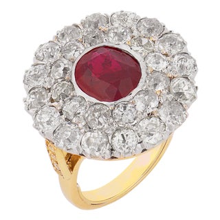1910s Victorian Gia 3.15 Carat No Heat Ruby Diamond Two Tone Gold Cocktail Ring, Size 6.75 For Sale