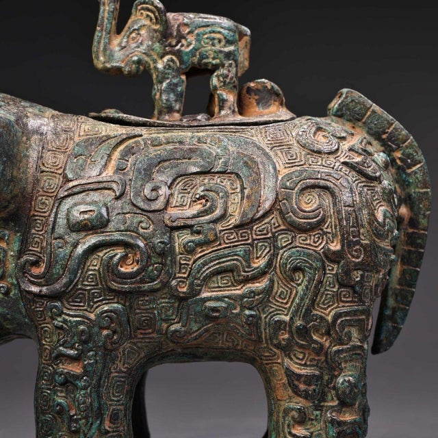 Bronze Early 20th Century Bronze Elephant Censer – 5.5" Archaic Style Zun Vessel With Cub Finial For Sale - Image 8 of 10
