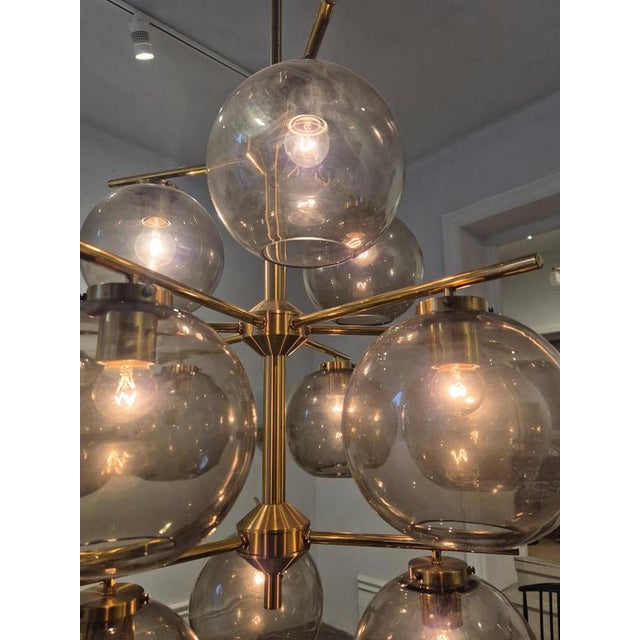 Scandinavian Modern Chandelier in Brass and Grey Glass by Holger Johansson, 1970s For Sale - Image 3 of 17