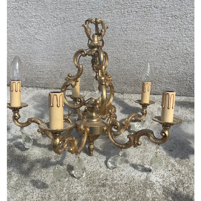 Metal Louis XV Two Brass Chandeliers with 5 and 6 Branch, 1890s, Set of 2 For Sale - Image 7 of 10
