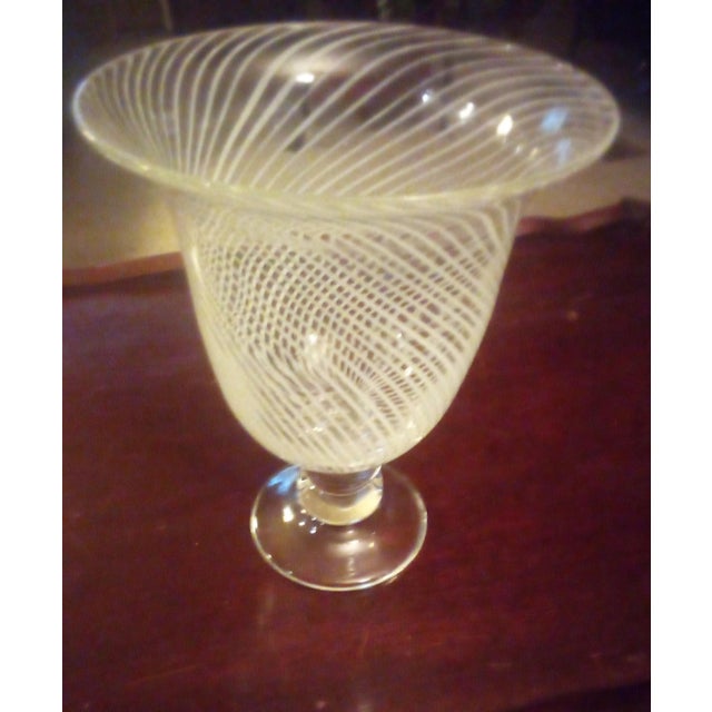Tall 1960s white caned Murano vase. Mezza Filigrana footed vase, circa 1960 in the style of Dino Martens. The chalice...