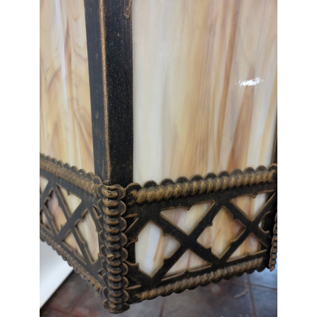 1920s Gothic Tudor Ecclesiastical Gold Painted Metal & Slag Glass Fixture Chandelier For Sale - Image 4 of 10