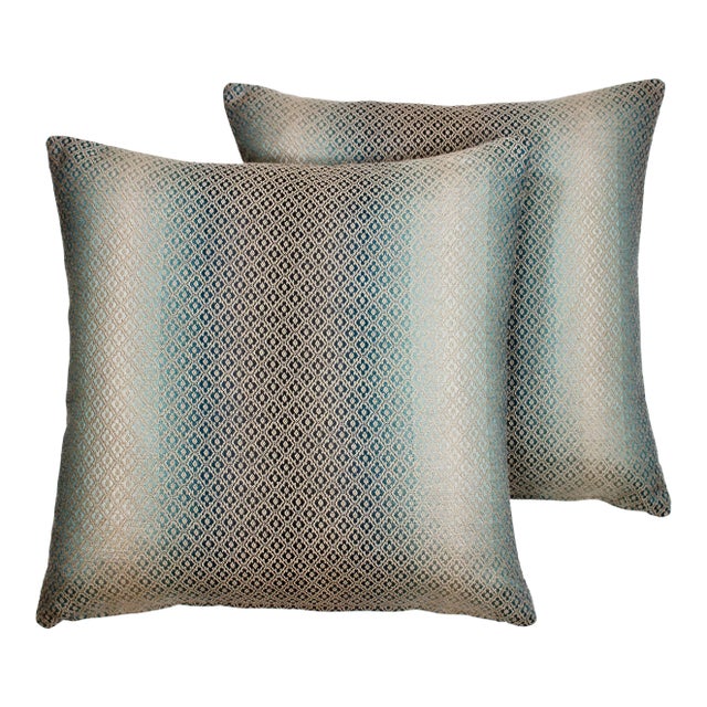 22" X 22" Clarke and Clarke Diamante Aqua Pillows, Pair For Sale