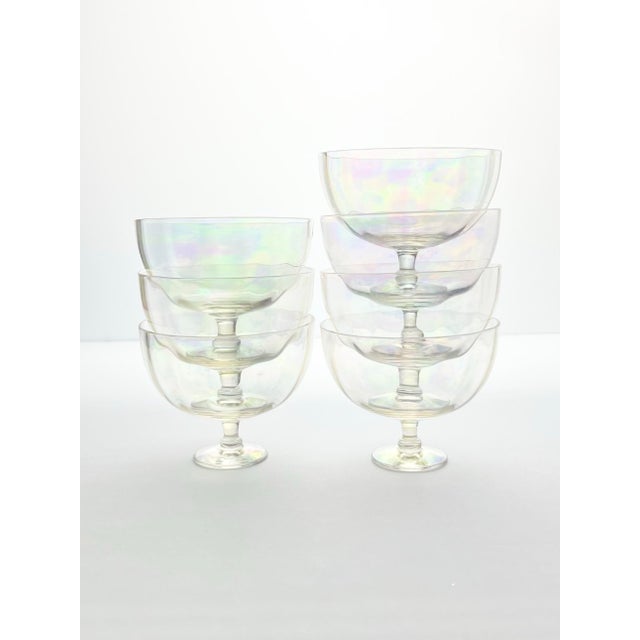 1970s 7 Lustre Iridescent Rainbow Pearl Optic Coupe Champagne Glasses For Sale - Image 4 of 7