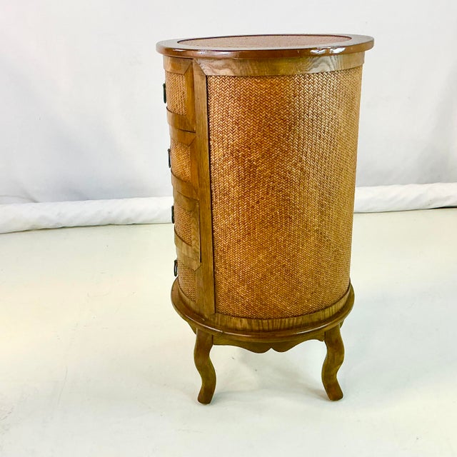 1980s British Colonial Ralph Lauren Style Round Herringbone Cane & Wood Cabinet, 4 Drawers For Sale - Image 14 of 16