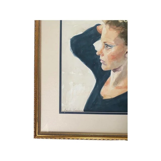Mid Century, Figural Watercolor Portrait, by artist Rhoda Yanow. Depicting a beautiful young woman, perhaps a ballerina....