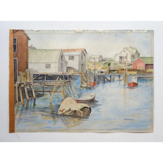 Vintage Fishing Village & Marina Watercolor Painting For Sale - Image 4 of 5