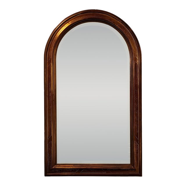 Mid 20th Century Vertical Antiqued Arch Top Wall Mirror Warm Gold Painted Wood For Sale