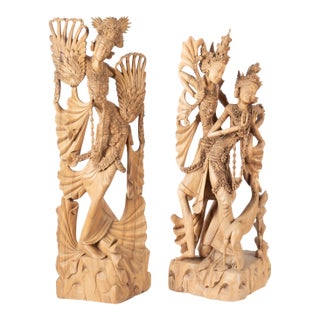Late 20th Century Monumental Hand Carved Balinese Wood Sculptures of Rama & Sita With Dancer Goddess – Set of 2 For Sale