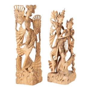 Late 20th Century Monumental Hand Carved Balinese Wood Sculptures of Rama & Sita With Dancer Goddess – Set of 2