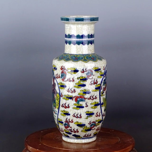 Chinese Vintage Ceramic Vase,Qing Dynasty Kangxi Marked Blue and White Famille Verte Porcelain Mallet-Shaped Vase Hand Painted Kylin Phoenix Pattern For Sale - Image 4 of 9