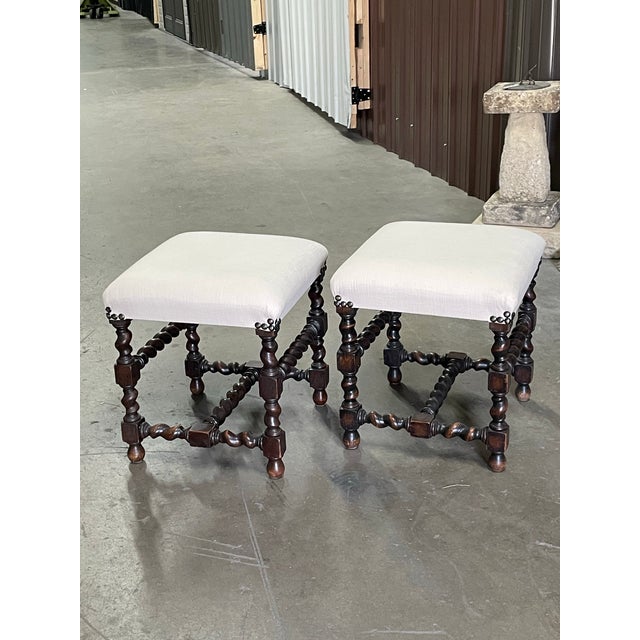 English Pair of 19th Century English Oak Upholstered Stools For Sale - Image 3 of 6