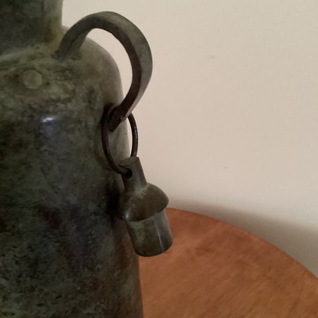 Verdigris Vintage Cylindrical Metal Patinated Vase/Vessel With Unique Dangling Bell Handles For Sale - Image 8 of 12