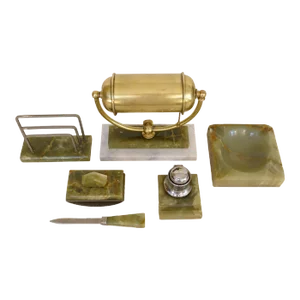 Art Deco Green Marble Onyx Brass Table Lamp 6 Piece Desk Set 1930's Austria for B. Altman & Co