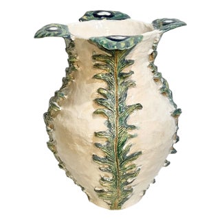 Vintage Italian Earthenware Vase With Stylized Peacock Feather Design For Sale