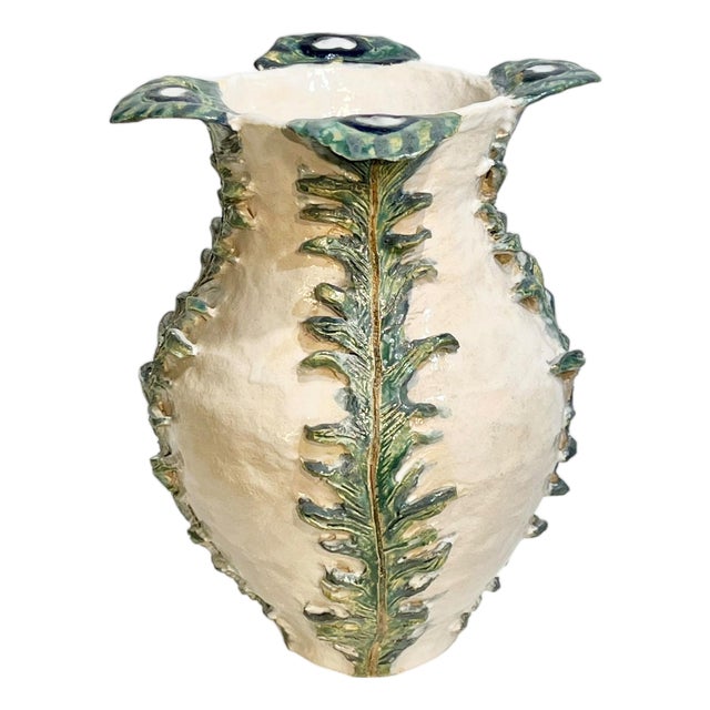 Vintage Italian Earthenware Vase With Stylized Peacock Feather Design For Sale