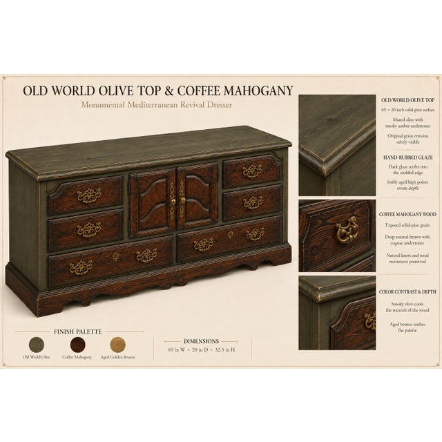 1960s Monumental Mediterranean Revival Solid Pine Dresser in Old World Olive & Coffee Mahogany For Sale In Los Angeles - Image 6 of 6
