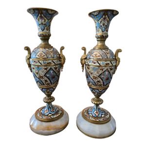 Antique Louis XVI Style Museum Champleve Vases- a Pair