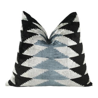 Handmade Black Gray Chevron Velvet Pillow – 16x24 in Luxury Accent For Sale