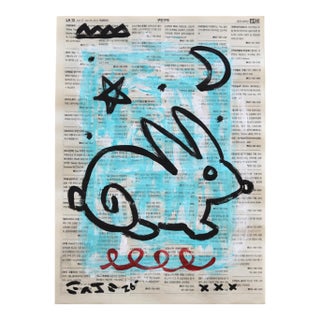 Moon Bunny - Original Graphic Pop Art Acrylic Painting on Korean Newspaper For Sale