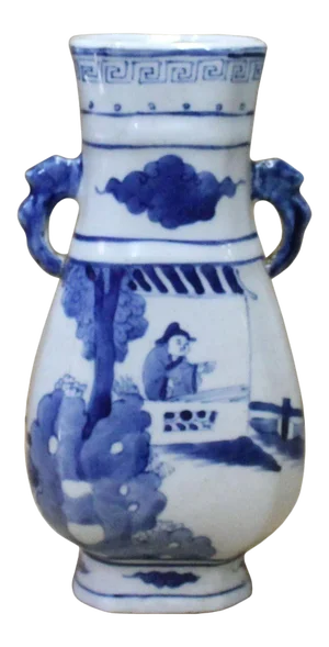 Chinese Blue White Porcelain People House Court Graphic Vase