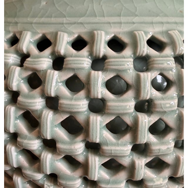 Asian Celadon Glaze Reticulated Vase For Sale - Image 3 of 9