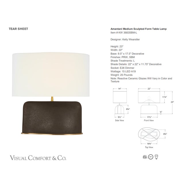 Kelly Wearstler by Visual Comfort Signature Amantani Medium Sculpted Form Table Lamp in Stained Black Metallic with Linen...