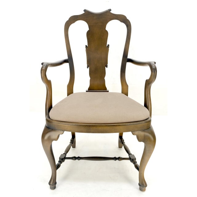 Set of 4 Cherry Queen Ann New Alcantara Suede Upholstery Dining Arm Chairs MINT For Sale - Image 9 of 13