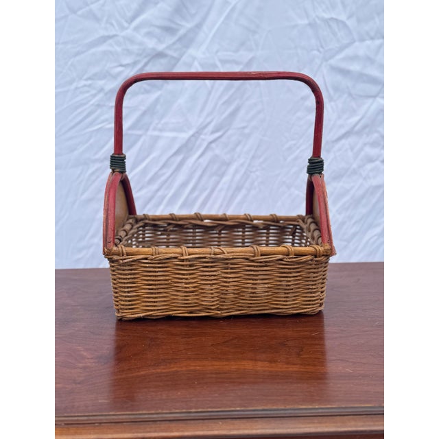 Mid-Century Modern Vintage Handwoven Wicker Basket With Hand-Painted Folk Art Panels – Rustic Country Charm For Sale - Image 3 of 12