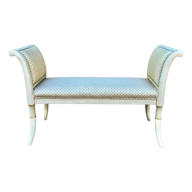 This is a 1970s Italian neoclassical style upholstered bench. The upholstery is vintage and in good condition. The painted...