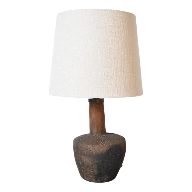 African Brown Ceramic Lamp with Geometric Pattern, 1970s For Sale