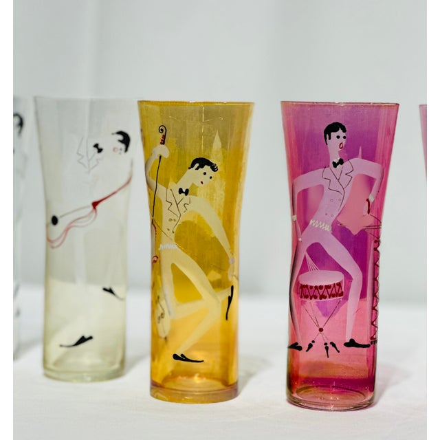 1940s Italian Intaglio Etched & Enameled Luster Glass “Orchestra” Champagnes, Bohemian - Set of 6 For Sale - Image 4 of 12