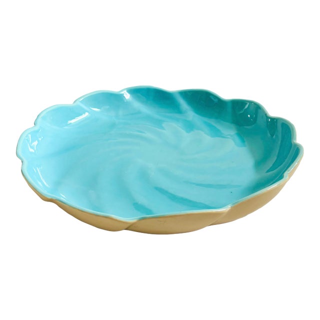 Large California Pottery Turquoise and Cream Circular Tray For Sale