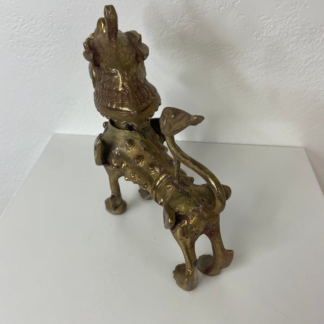 Mid-Century Tibetan Brass or Bronze Guardian Lion Foo Dog Sculpture For Sale - Image 4 of 10