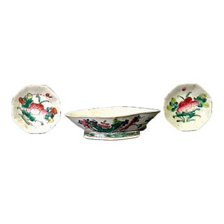 Antique Qing Dynasty Famille Rose Chinese Pedestal Bowls With Lotus, Peonies & Orange Bats, Set of 3 For Sale