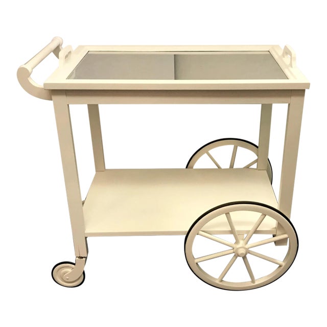 Vintage Wooden Bar Cart With Removable Mercury Glass Tray Top For Sale